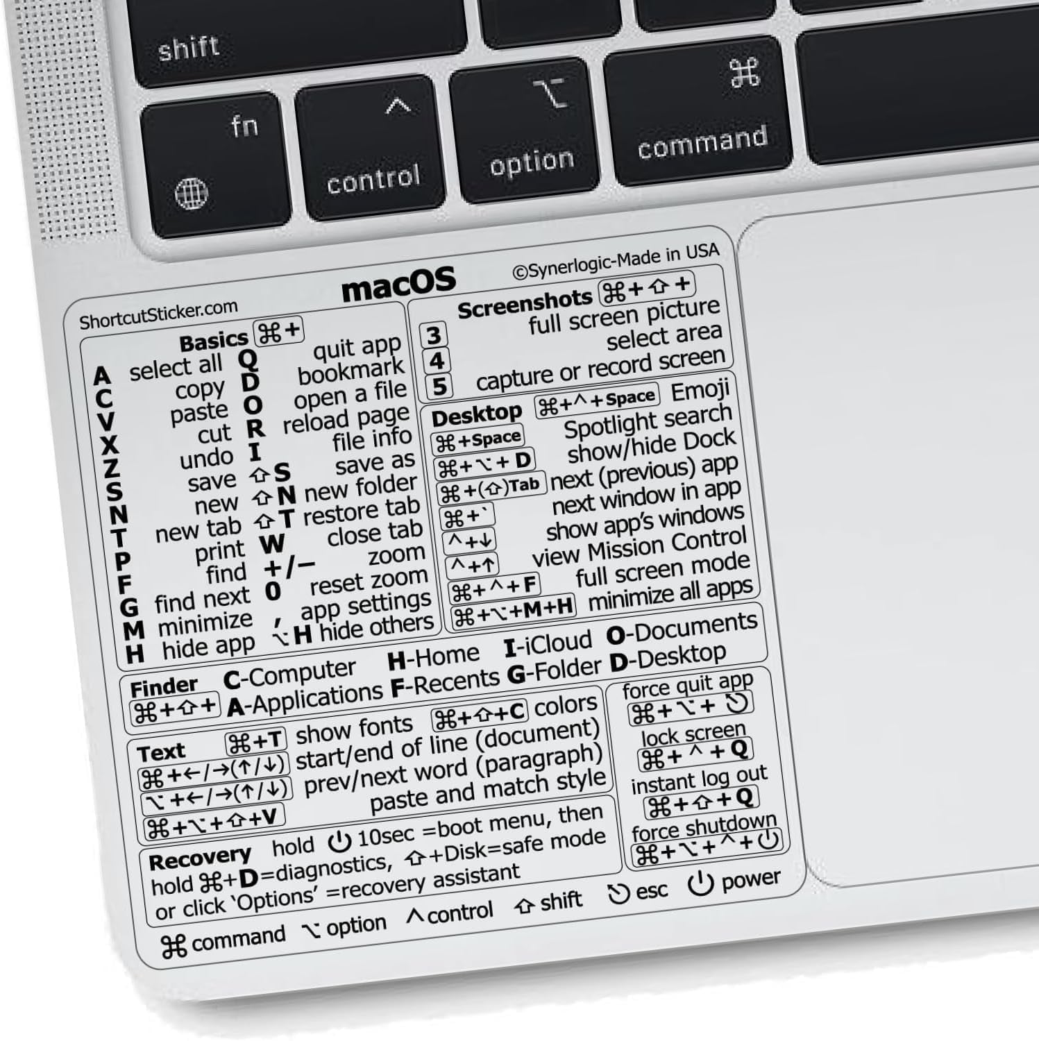 Mac OS Shortcuts Sticker | Keyboard Stickers for Macos | No-Residue Laminated Vinyl Macbook Cheatsheet for Laptop | Macbook Shortcuts 2025 (Clear/Black)